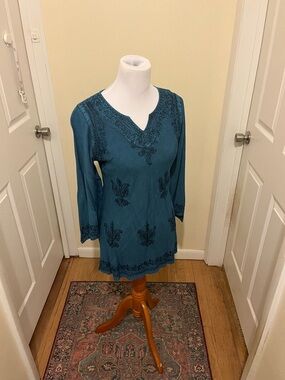 Women's BOHO Teal Embroidered Long-Sleeve Tunic